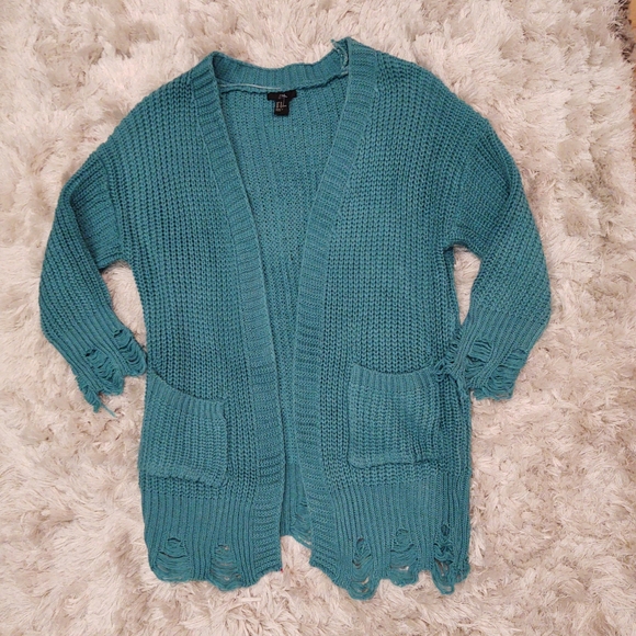 H&M NWOT distressed open front cardigan teal M - Picture 1 of 6